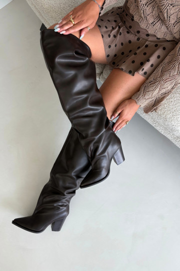 dámské dlouhé boty s podpatky Slip-on vzor z ekologické kůže Czekoladowe Anica 2