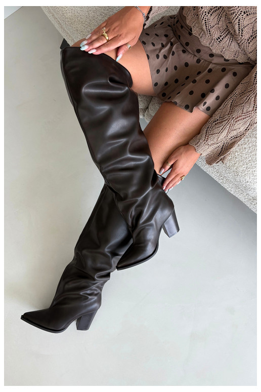 dámské dlouhé boty s podpatky Slip-on vzor z ekologické kůže Czekoladowe Anica