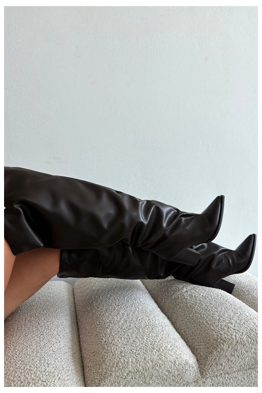 dámské dlouhé boty s podpatky Slip-on vzor z ekologické kůže Czekoladowe Anica