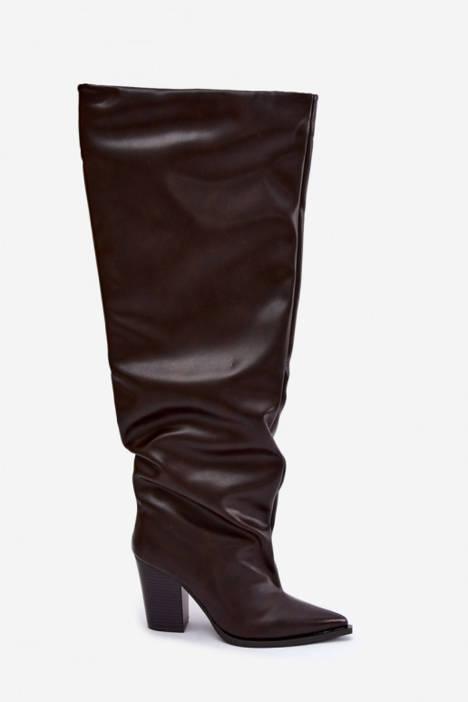 dámské dlouhé boty s podpatky Slip-on vzor z ekologické kůže Czekoladowe Anica