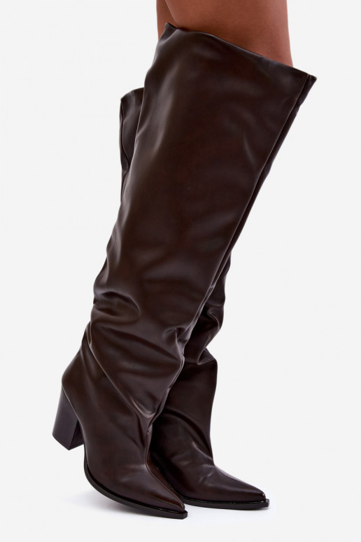 dámské dlouhé boty s podpatky Slip-on vzor z ekologické kůže Czekoladowe Anica