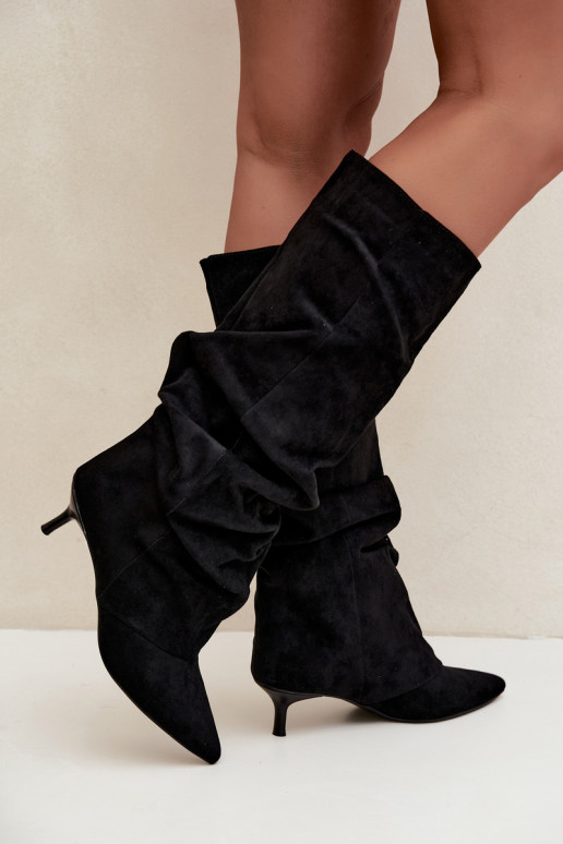  dlouhé boty Kitten Heel Slip-on vzor ze semiše Černé Lowen