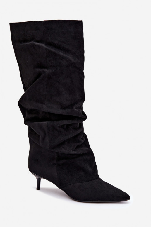  dlouhé boty Kitten Heel Slip-on vzor ze semiše Černé Lowen