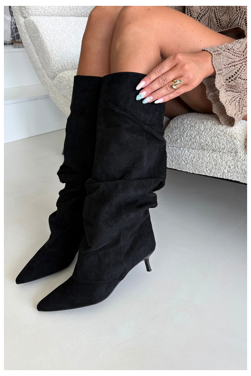 dlouhé boty Kitten Heel Slip-on vzor ze semiše Černé Lowen