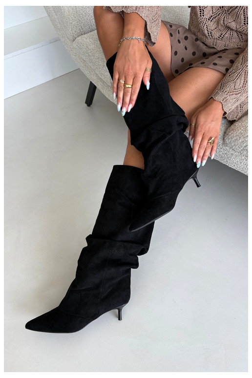  dlouhé boty Kitten Heel Slip-on vzor ze semiše Černé Lowen