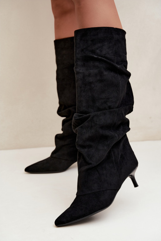  dlouhé boty Kitten Heel Slip-on vzor ze semiše Černé Lowen