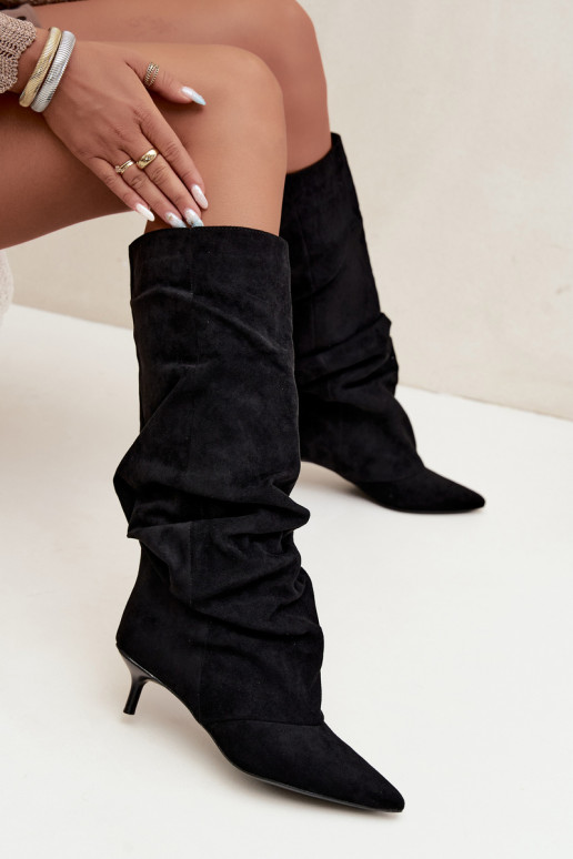  dlouhé boty Kitten Heel Slip-on vzor ze semiše Černé Lowen
