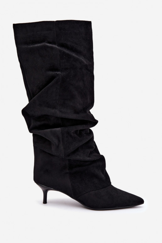 dlouhé boty Kitten Heel Slip-on vzor ze semiše Černé Lowen