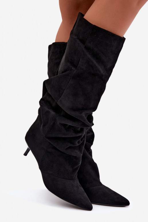  dlouhé boty Kitten Heel Slip-on vzor ze semiše Černé Lowen