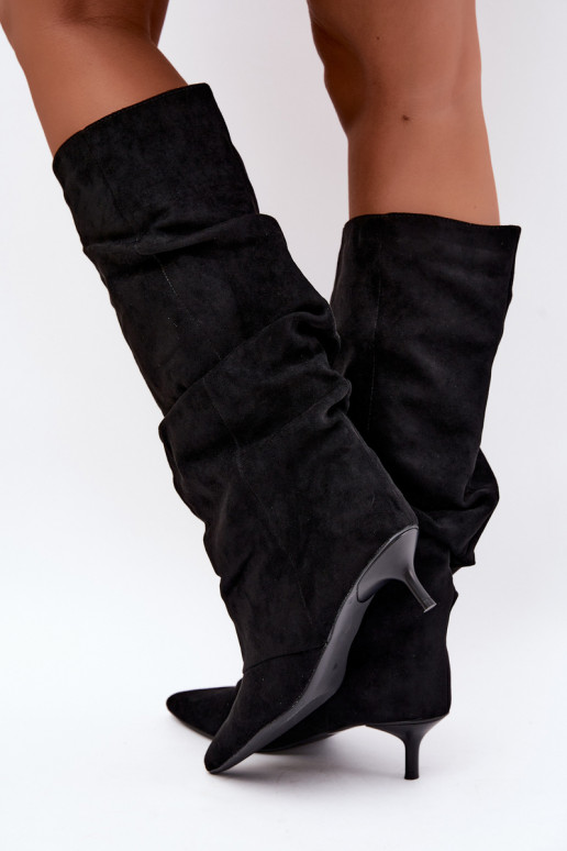  dlouhé boty Kitten Heel Slip-on vzor ze semiše Černé Lowen