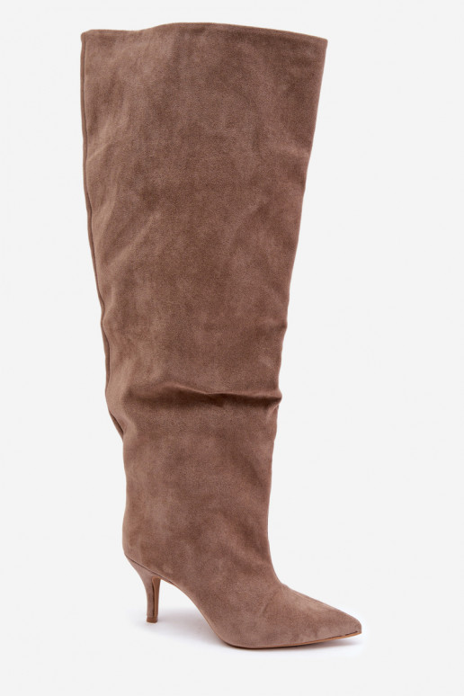 Slip-on vzor dámské dlouhé boty s tenkými podpatky khaki Corly