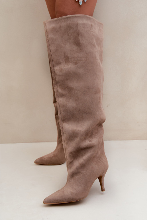 Slip-on vzor dámské dlouhé boty s tenkými podpatky khaki Corly