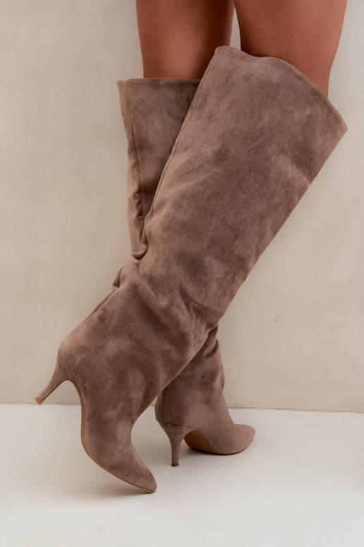 Slip-on vzor dámské dlouhé boty s tenkými podpatky khaki Corly
