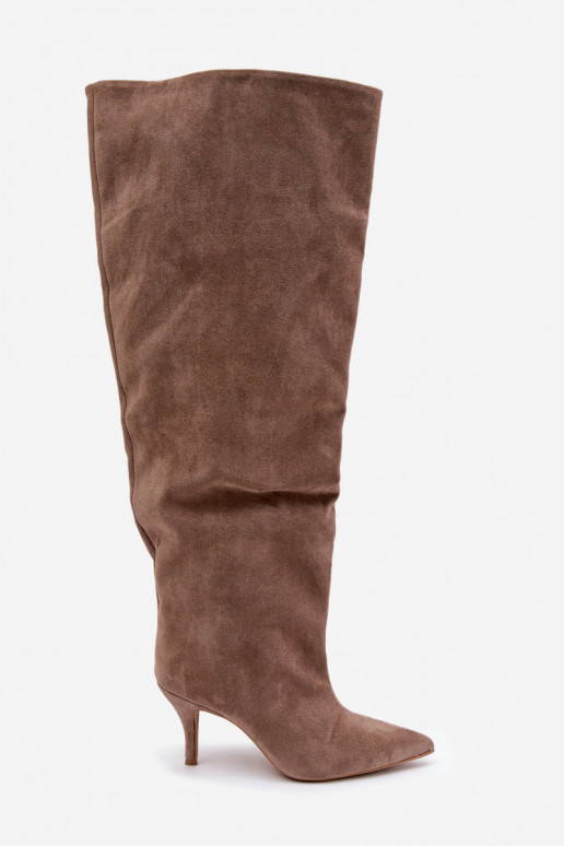 Slip-on vzor dámské dlouhé boty s tenkými podpatky khaki Corly