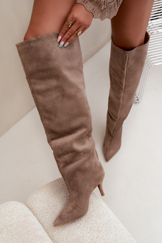 Slip-on vzor dámské dlouhé boty s tenkými podpatky khaki Corly