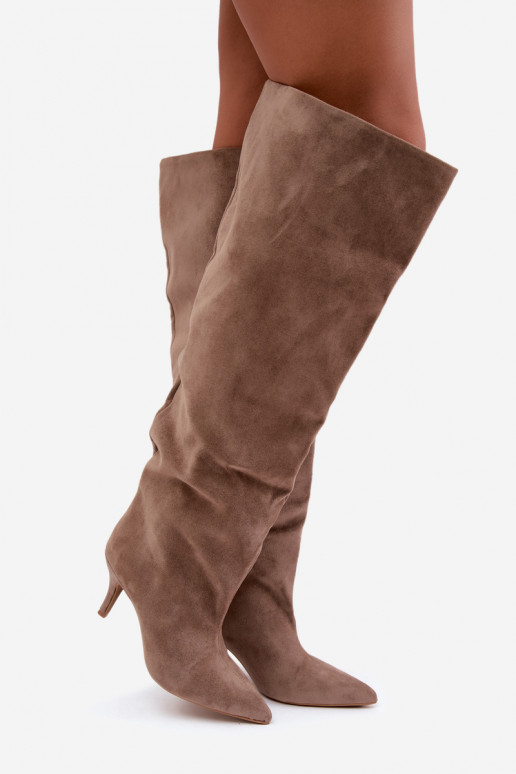 Slip-on vzor dámské dlouhé boty s tenkými podpatky khaki Corly