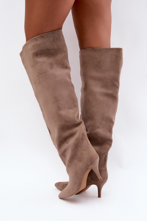 Slip-on vzor dámské dlouhé boty s tenkými podpatky khaki Corly