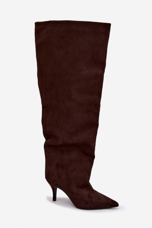 Slip-on vzor dámské dlouhé boty s tenkými podpatky Czekoladowe Corly