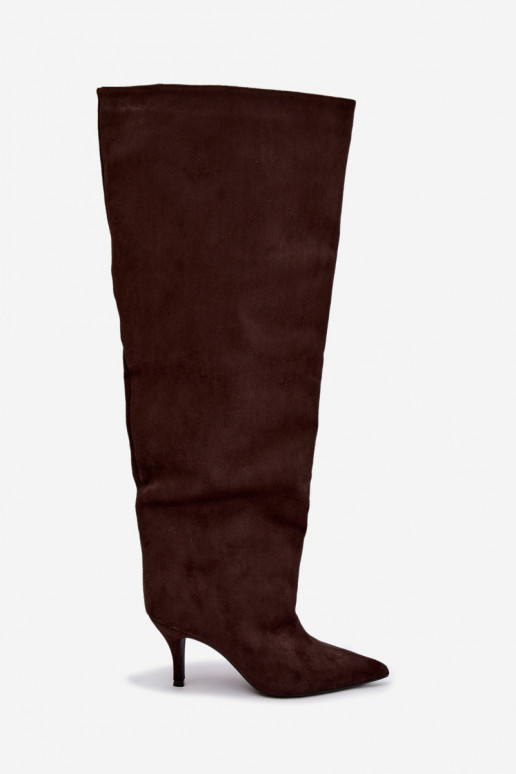 Slip-on vzor dámské dlouhé boty s tenkými podpatky Czekoladowe Corly