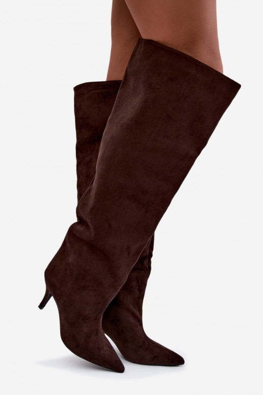 Slip-on vzor dámské dlouhé boty s tenkými podpatky Czekoladowe Corly