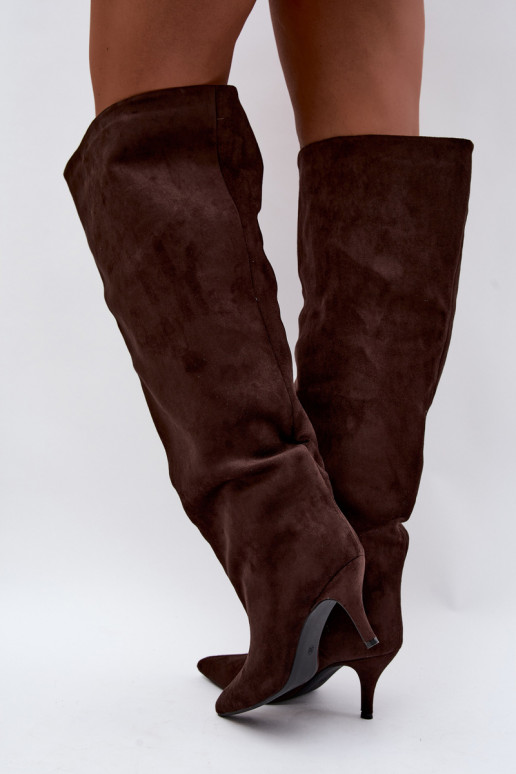 Slip-on vzor dámské dlouhé boty s tenkými podpatky Czekoladowe Corly