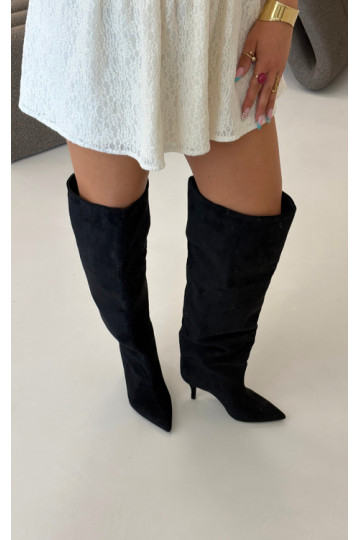 Slip-on vzor dámské dlouhé boty s tenkými podpatky Černé Corly 2