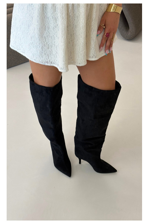Slip-on vzor dámské dlouhé boty s tenkými podpatky Černé Corly
