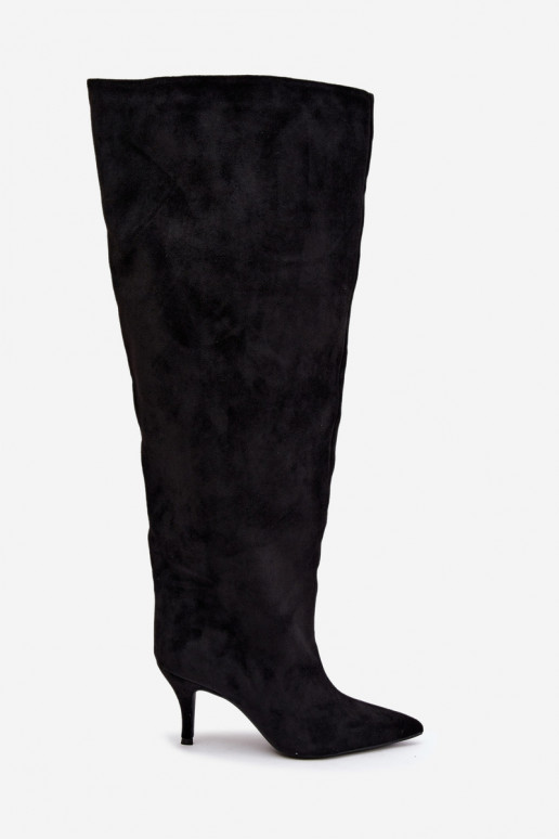 Slip-on vzor dámské dlouhé boty s tenkými podpatky Černé Corly