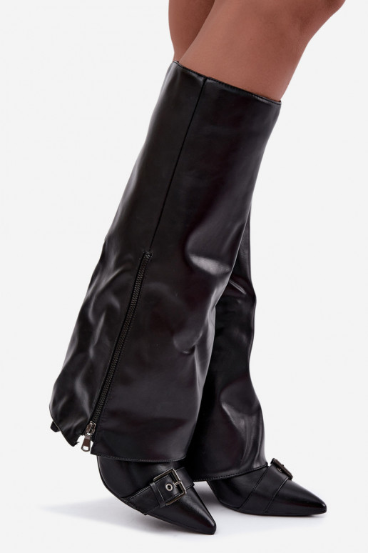 zateplené dlouhé boty s tenkými podpatky Z Wywiniętą Cholewką I s přezkami Černé Kelra