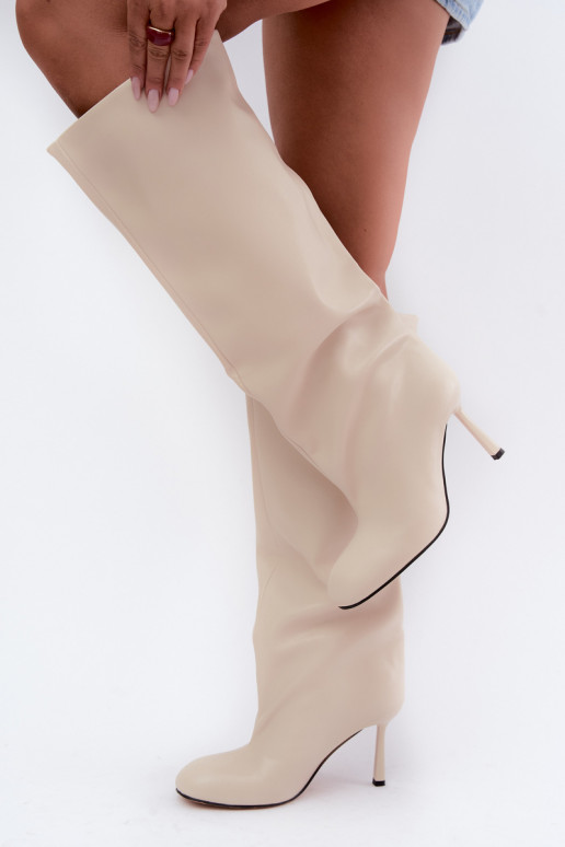 Slip-on vzor dámské dlouhé boty s tenkými podpatky slonová kost Caliya