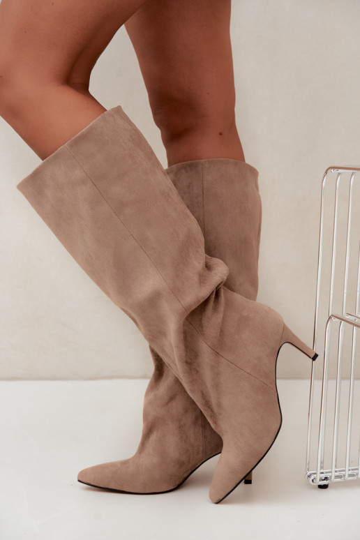 Slip-on vzor dámské dlouhé boty s podpatky béžové Favra