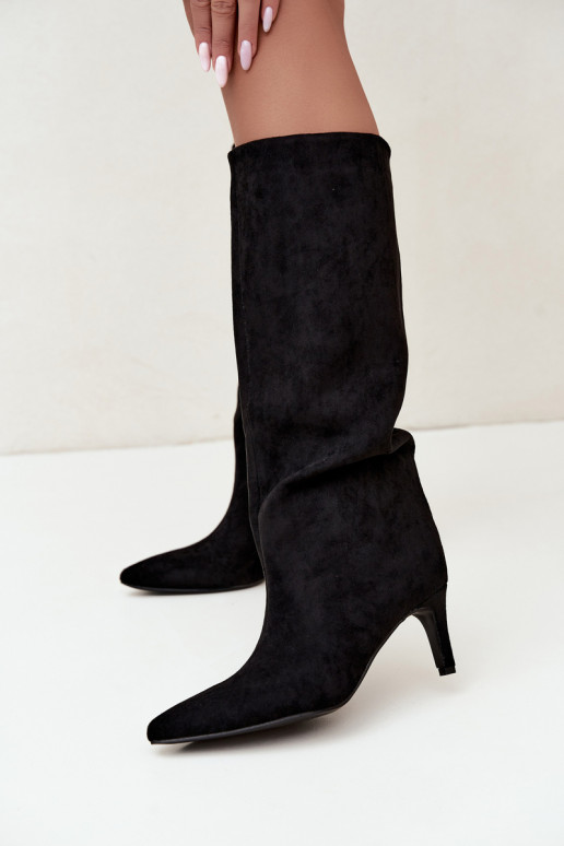 dámské dlouhé boty Slip-on vzor zateplené s tenkými podpatky Černé Olivienne