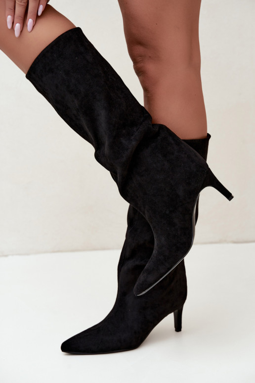 dámské dlouhé boty Slip-on vzor zateplené s tenkými podpatky Černé Olivienne