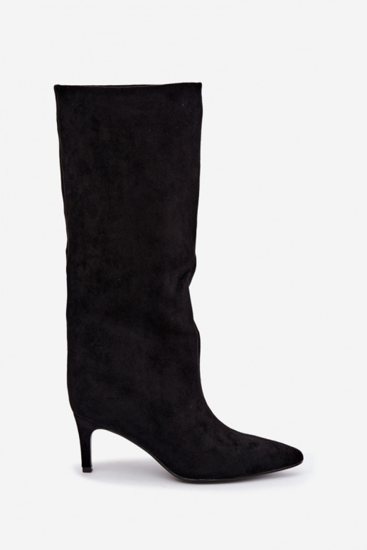 dámské dlouhé boty Slip-on vzor zateplené s tenkými podpatky Černé Olivienne
