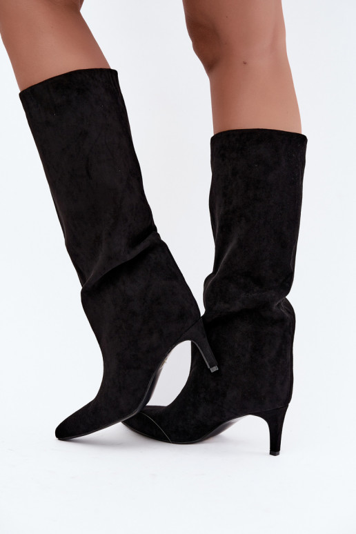 dámské dlouhé boty Slip-on vzor zateplené s tenkými podpatky Černé Olivienne