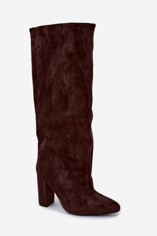 Slip-on vzor dlouhé boty s podpatky Czekoladowe Emeline