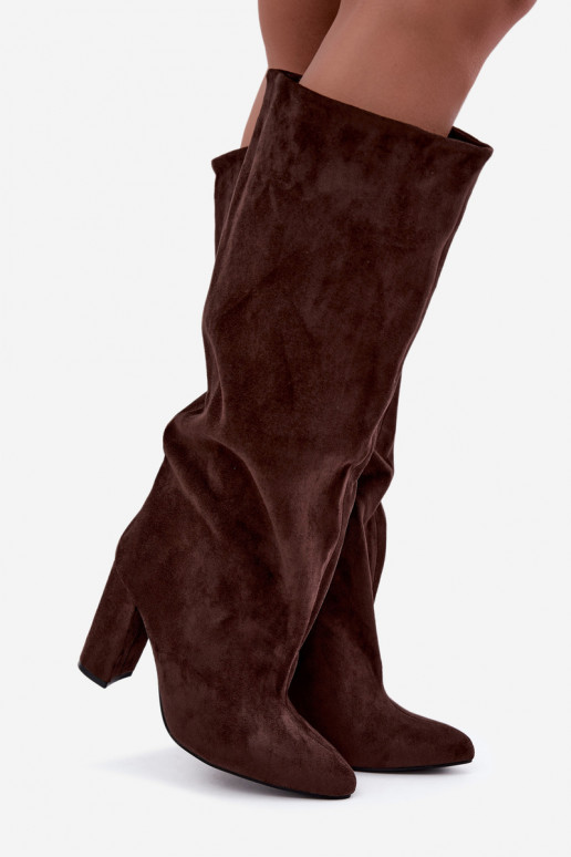 Slip-on vzor dlouhé boty s podpatky Czekoladowe Emeline