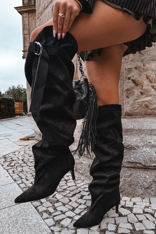 Slip-on vzor dámské dlouhé boty nad kolena s podpatky Černé Rosena