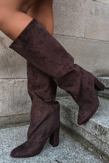 Slip-on vzor dámské dlouhé boty s podpatky Czekoladowe Adoria 2
