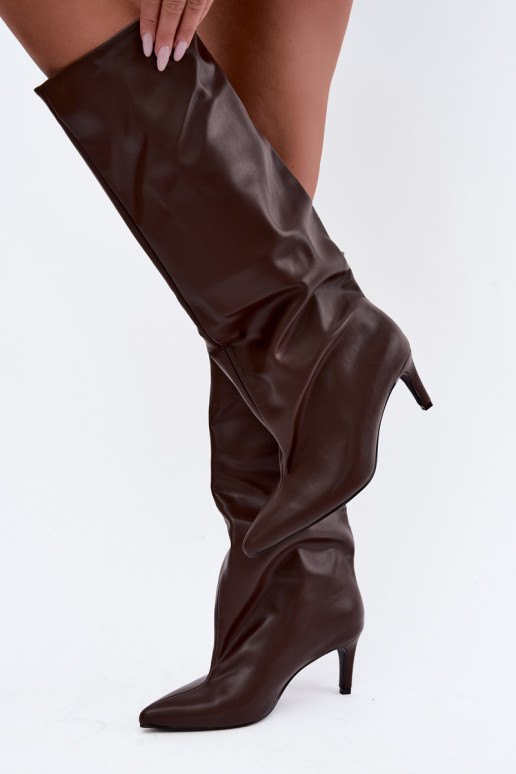 dámské dlouhé boty Slip-on vzor zateplené s tenkými podpatky Czekoladowe Olivienne