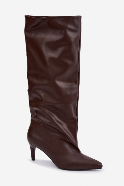 dámské dlouhé boty Slip-on vzor zateplené s tenkými podpatky Czekoladowe Olivienne