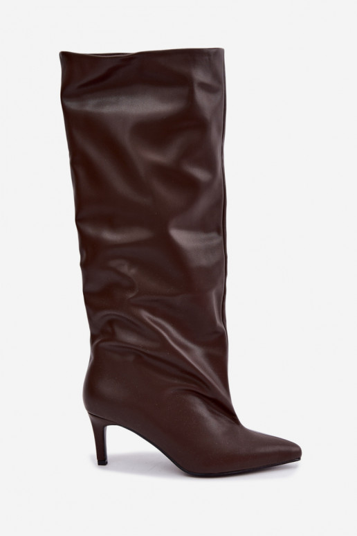 dámské dlouhé boty Slip-on vzor zateplené s tenkými podpatky Czekoladowe Olivienne