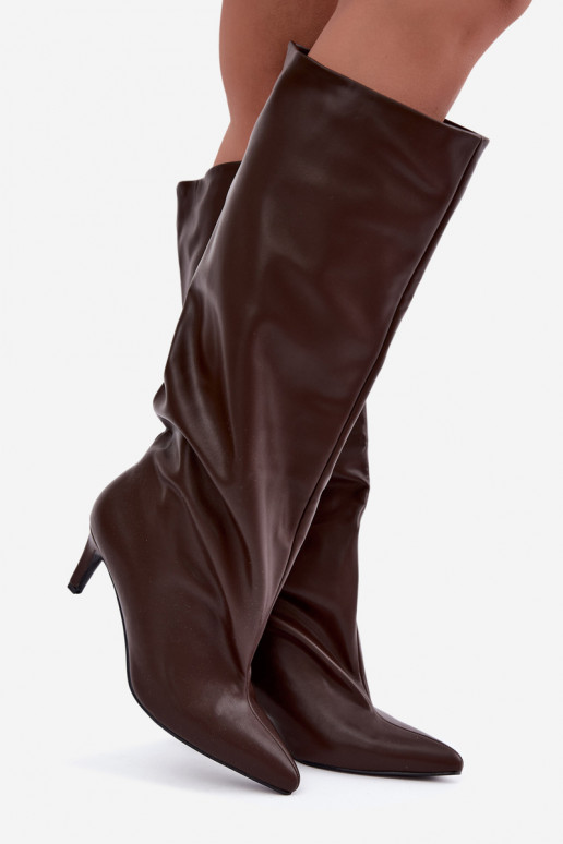 dámské dlouhé boty Slip-on vzor zateplené s tenkými podpatky Czekoladowe Olivienne