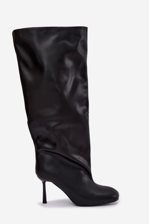 Slip-on vzor dámské dlouhé boty s tenkými podpatky Černé Caliya