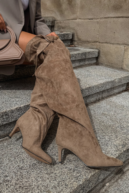 Slip-on vzor dámské dlouhé boty nad kolena s podpatky béžové Rosena