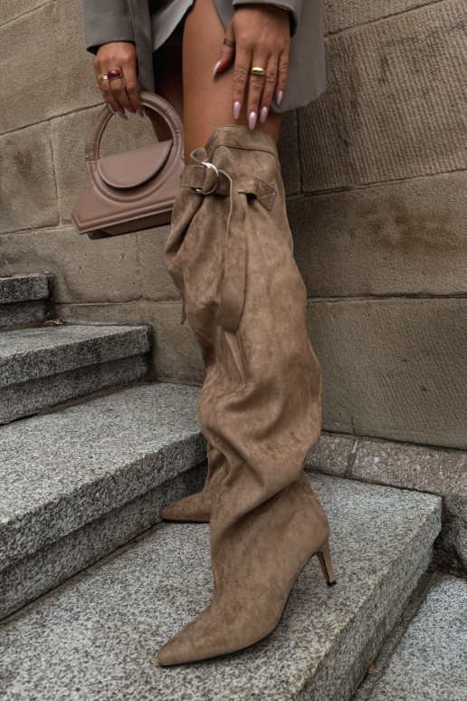 Slip-on vzor dámské dlouhé boty nad kolena s podpatky béžové Rosena