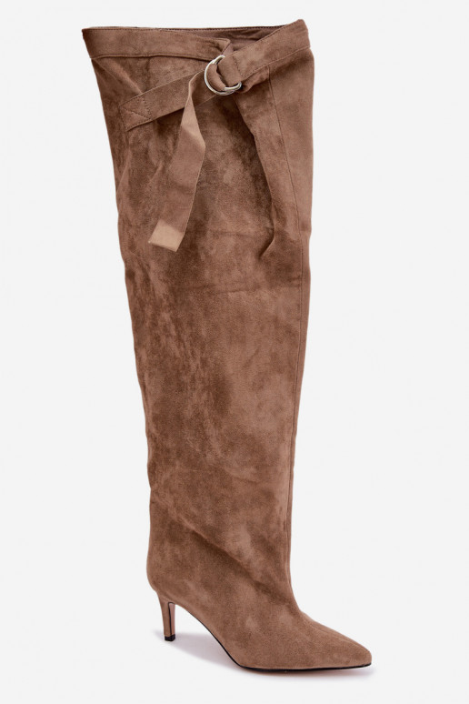 Slip-on vzor dámské dlouhé boty nad kolena s podpatky béžové Rosena