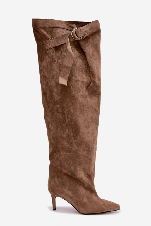 Slip-on vzor dámské dlouhé boty nad kolena s podpatky béžové Rosena