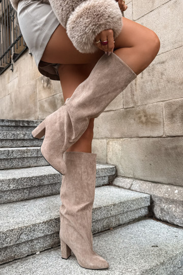 Slip-on vzor dlouhé boty s podpatky béžové Emeline 2
