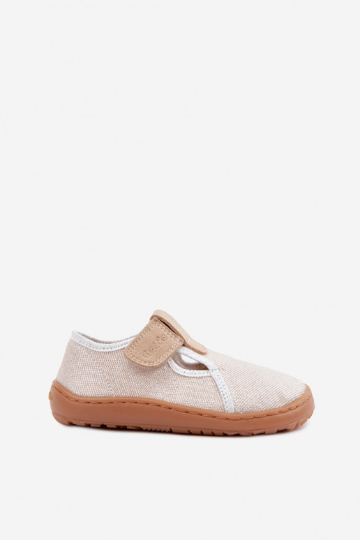 Pantofle Dětské se samolepicími uzávěry se třpytkami Barefoot Froddo Cannvas G1700439-3 zlaté barvy